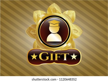  Gold badge or emblem with graduation icon and Gift text inside