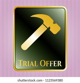  Gold badge or emblem with hammer icon and Trial Offer text inside