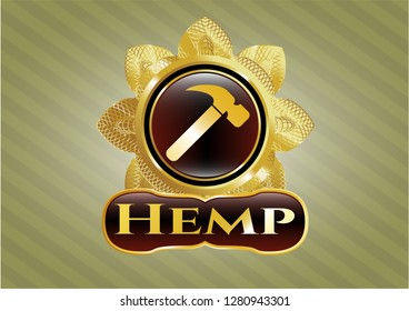  Gold badge or emblem with hammer icon and Hemp text inside