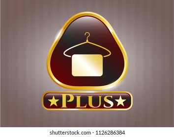  Gold badge or emblem with hanger with towel icon and Plus text inside