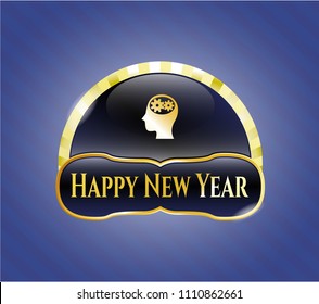  Gold badge or emblem with head with gears inside icon and Happy New Year text inside