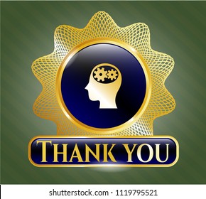  Gold badge or emblem with head with gears inside icon and Thank you text inside