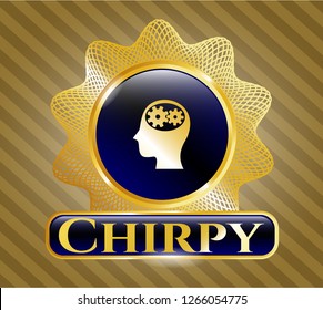  Gold badge or emblem with head with gears inside icon and Chirpy text inside
