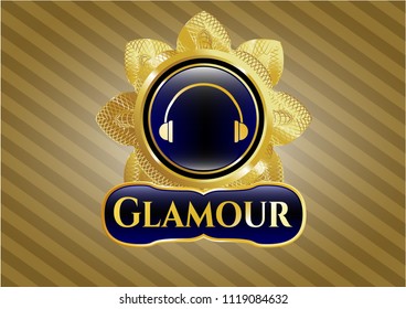  Gold badge or emblem with headphones icon and Glamour text inside