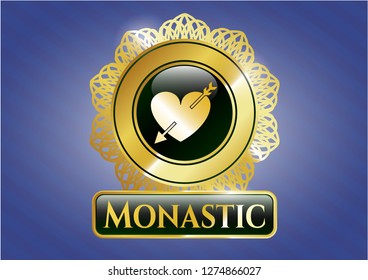  Gold badge or emblem with heart with arrow icon and Monastic text inside