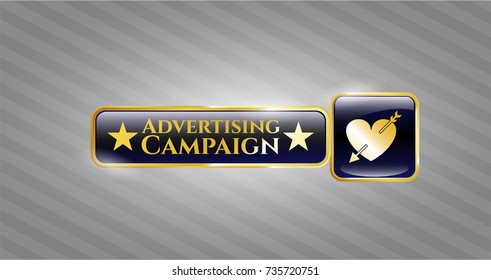 Gold badge or emblem with heart with arrow icon and Advertising Campaign text inside