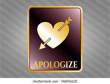 Gold badge or emblem with heart with arrow icon and Apologize text inside