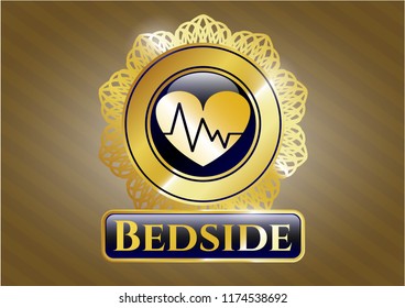  Gold badge or emblem with heart with electrocardiogram icon and Bedside text inside