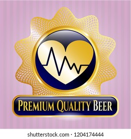  Gold badge or emblem with heart with electrocardiogram icon and Premium Quality Beer text inside
