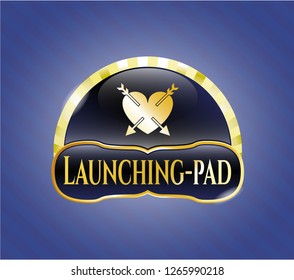  Gold badge or emblem with heart with two arrows icon and Launching-pad text inside