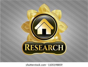  Gold badge or emblem with home icon and Research text inside