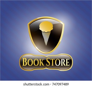  Gold badge or emblem with ice cream icon and Book Store text inside