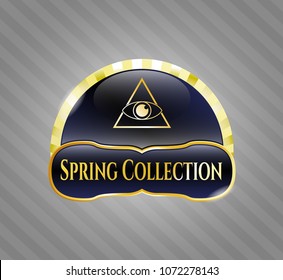  Gold badge or emblem with illuminati pyramid icon and Spring Collection text inside