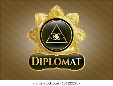  Gold badge or emblem with illuminati pyramid icon and Diplomat text inside