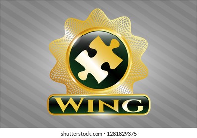  Gold badge or emblem with jigsaw puzzle piece icon and Wing text inside