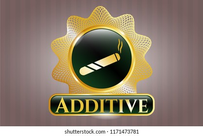  Gold badge or emblem with joint, cigarette icon and Additive text inside