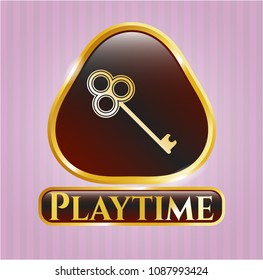  Gold badge or emblem with key icon and Playtime text inside