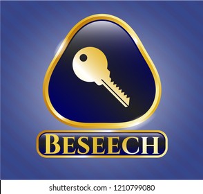  Gold badge or emblem with key icon and Beseech text inside