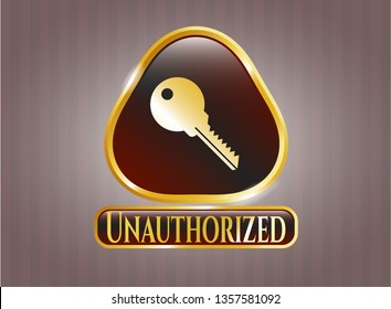  Gold badge or emblem with key icon and Unauthorized text inside