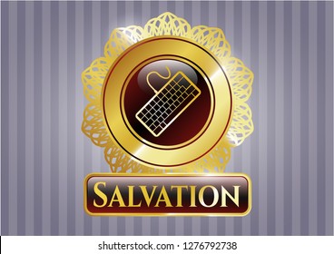  Gold badge or emblem with keyboard icon and Salvation text inside