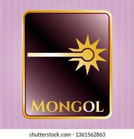  Gold badge or emblem with laser icon and Mongol text inside