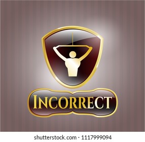  Gold badge or emblem with lat pull down, exercise icon and Incorrect text inside