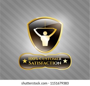  Gold badge or emblem with lat pull down, exercise icon and 100% Customer Satisfaction text inside