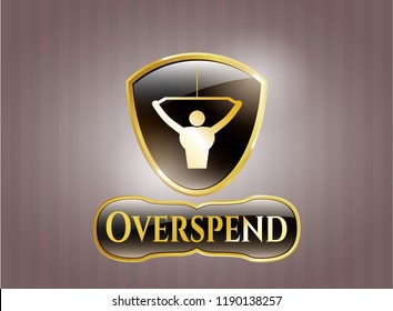  Gold badge or emblem with lat pull down, exercise icon and Overspend text inside