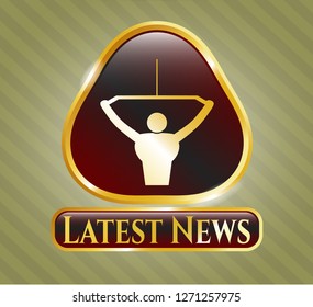  Gold badge or emblem with lat pull down, exercise icon and Latest News text inside