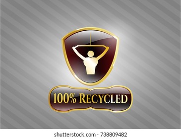  Gold badge or emblem with lat pull down, exercise icon and 100% Recycled text inside