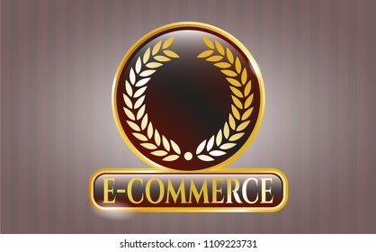   Gold badge or emblem with laurel wreath icon and e-commerce text inside