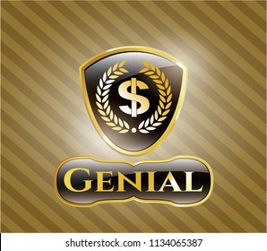  Gold badge or emblem with laurel wreath with money symbol inside icon and Genial text inside