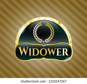  Gold badge or emblem with laurel wreath icon and Widower text inside
