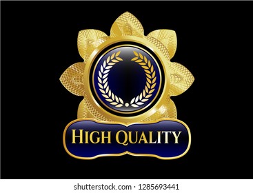  Gold badge or emblem with laurel wreath icon and High Quality text inside