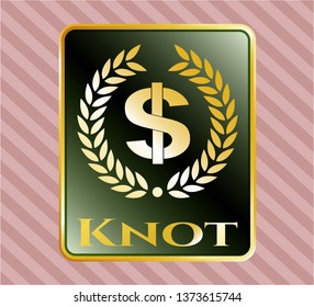  Gold badge or emblem with laurel wreath with money symbol inside icon and Knot text inside