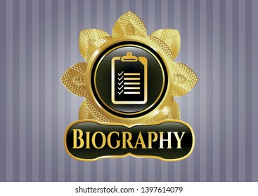  Gold badge or emblem with list icon and Biography text inside