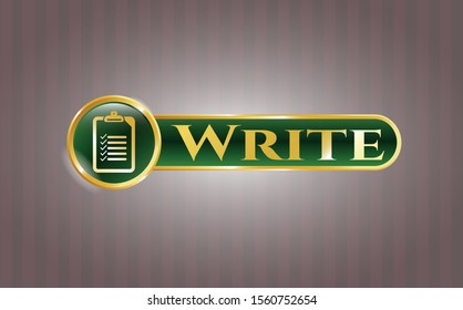  Gold badge or emblem with list icon and Write text inside