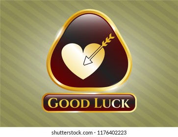  Gold badge or emblem with love icon and Good Luck text inside