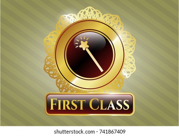  Gold badge or emblem with magic stick icon and First Class text inside