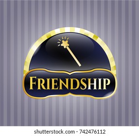 Gold badge or emblem with magic stick icon and Friendship text inside