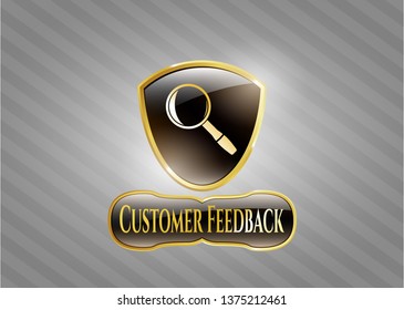  Gold badge or emblem with magnifying glass icon and Customer Feedback text inside
