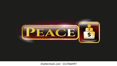  Gold badge or emblem with man working on computer icon and Peace text inside