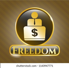  Gold badge or emblem with man working on computer icon and Freedom text inside