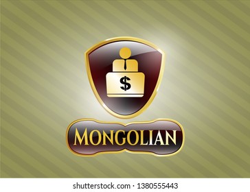 Gold badge or emblem with man working on computer icon and Mongolian text inside
