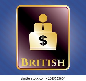  Gold badge or emblem with man working on computer icon and British text inside