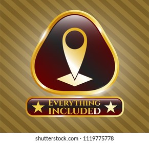  Gold badge or emblem with map pointer icon and Everything included text inside