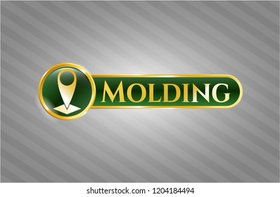  Gold badge or emblem with map pointer icon and Molding text inside