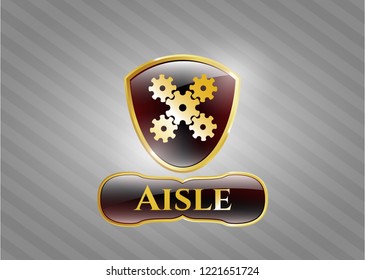  Gold badge or emblem with mechanism icon and Aisle text inside