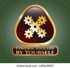  Gold badge or emblem with mechanism icon and Control your life by Yourself text inside