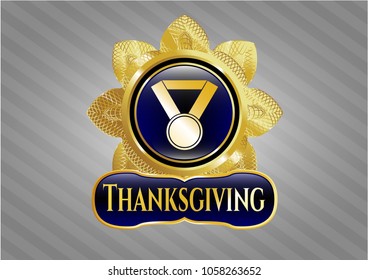  Gold badge or emblem with medal icon and Thanksgiving text inside
